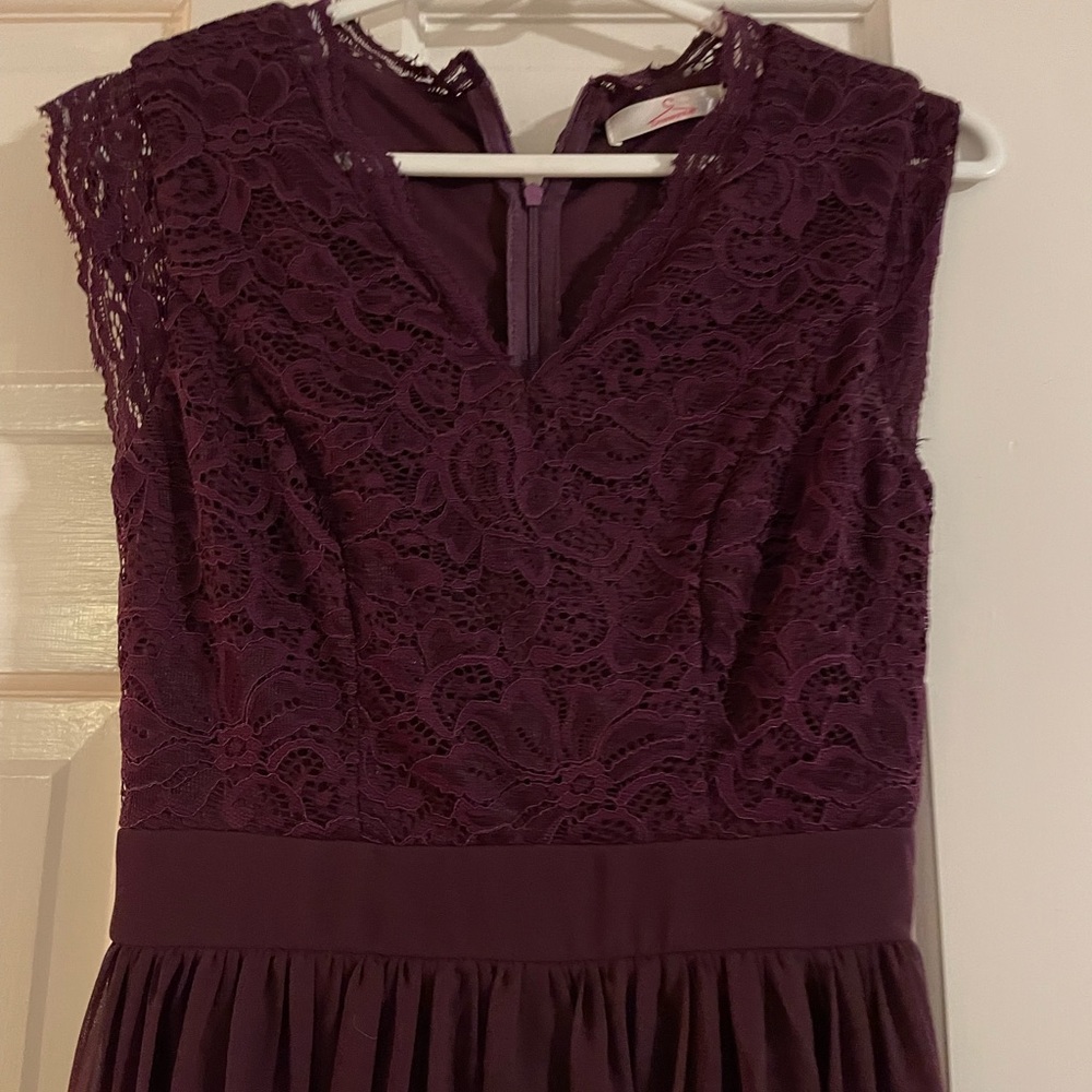 Floor length plum purple evening dress